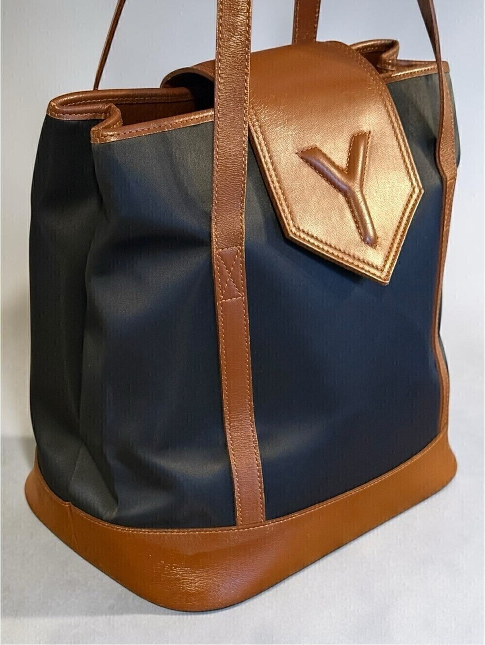 Yves Saint Laurent YSL Vintage Black Canvas Brown Leather Bucket Tote Bag COA - Picture 3 of 15